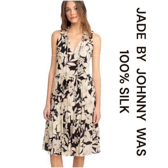 JADE BY JOHNNY WAS Juliette Tiered Floral Silk Midi Dress Size S.